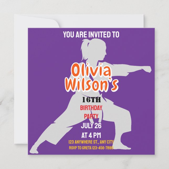Invitation Taekwondo fête d'anniversaire, joueuse de taekwond (Devant)