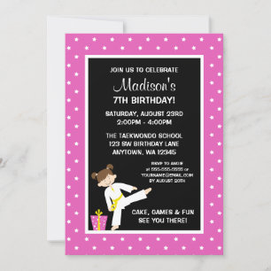 Invitation Taekwondo Karate Pink Stars Fille Anniversaire