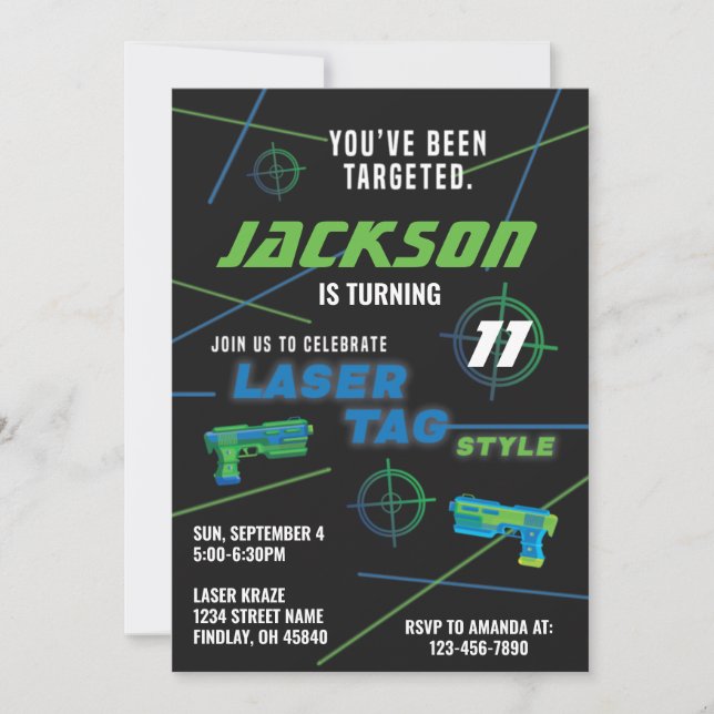 Invitation Tag laser bleu et vert fête d'anniversaire (Devant)