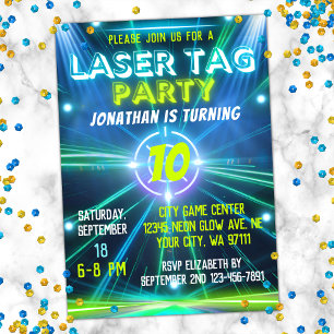 Invitation Tag Laser Bleu Vert Néon Glow Boys Anniversaire
