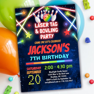 Invitation Tag laser brillant et Bowling fête d'anniversaire