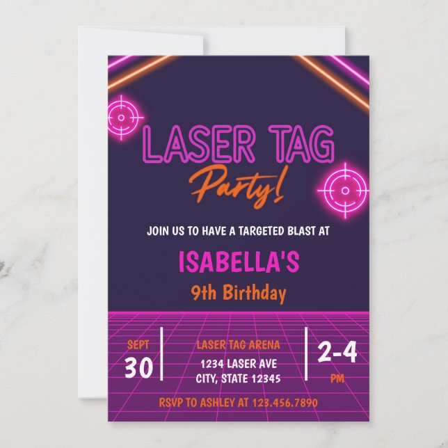 Invitation Tag laser fille rose Neon brillant Anniversaire (Devant)