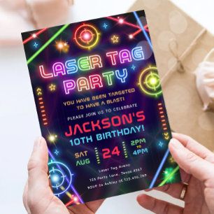 Invitation Tag laser Neon Glow Arcade Party Garçon Anniversai