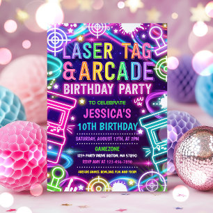 Invitation Tag Laser Neon Glow Et Arcade Anniversaire