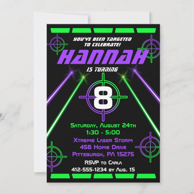 Invitation Tag laser Neon Green & Purple Beams Anniversaire (Devant)