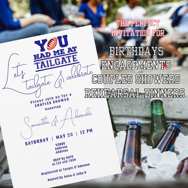 Invitation Tailgate Célébrons Blue Bridal Couple Douche (Let's Tailgate Celebrate Navy Blue invite for Bridal or Couple Showers, birthdays, rehearsal dinners)