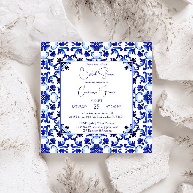 Invitation Talavera azulejo bleu tuiles douches nuptiales mex (Talavera azulejo blue tiles Mediterranian Italian vintage  Mexican bridal shower Invitation template)