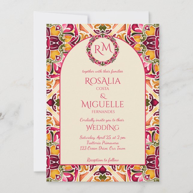 Invitation Talavera azulejo pink tile vintage Mexican wedding (Devant)