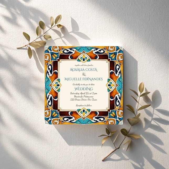 Invitation Talavera azulejo tuile vintage mariage mexicain (Talavera azulejo tiles vintage Mexican wedding Invitation cards template elegant square invites)