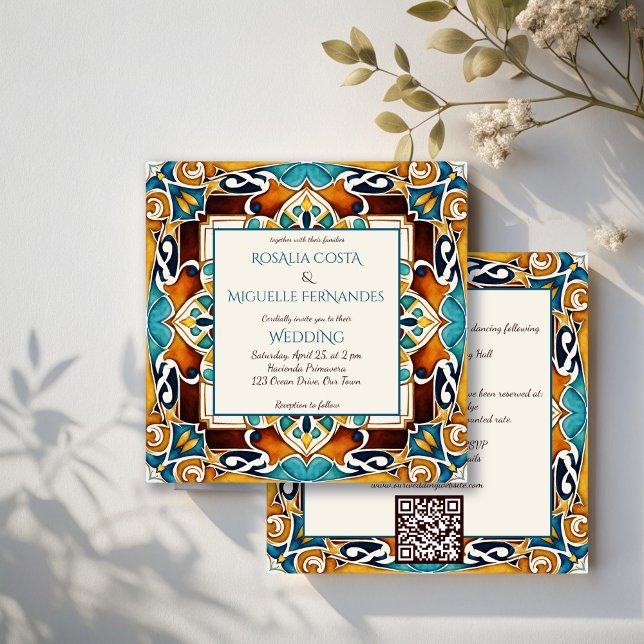 Invitation Talavera azulejo tuile vintage mariage mexicain (Talavera azulejo majolica tiles vintage Mexican wedding Invitation with RSVP editable template)