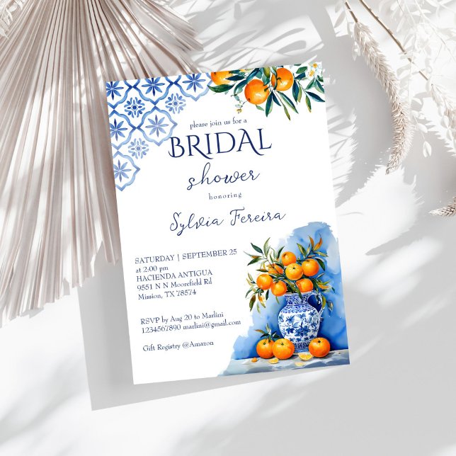 Invitation Talavera bleu chinoiserie citrus nuptiale (Talavera blue chinoiserie citrus oranges summer bridal shower invitation template instant download)