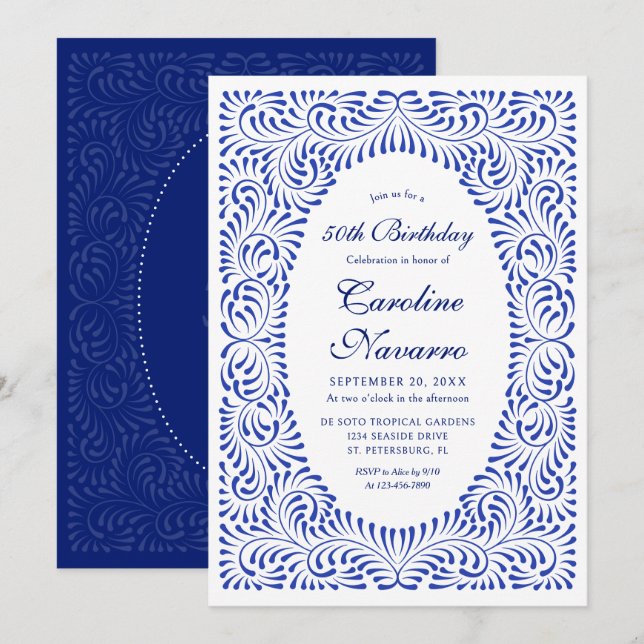 Invitation Talavera Bleu Fiesta Anniversaire (Devant / Derrière)