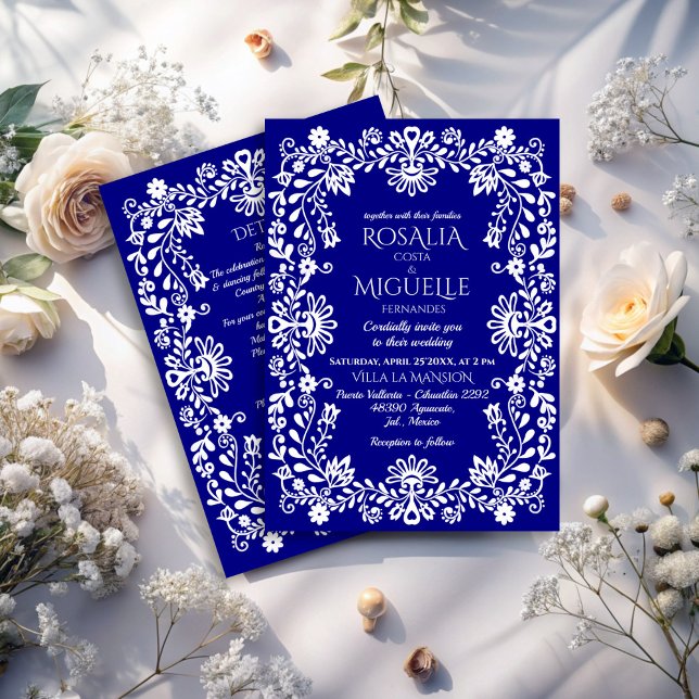 Invitation Talavera bleu marine mariage mexicain (Talavera navy blue Mexican wedding Invitation cards with RSVP vintage folk art wedding cards)