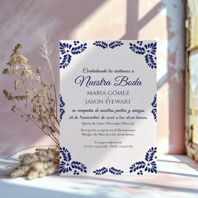Invitation Talavera Blue Floral Minimalist Spanish Wedding (Talavera Blue Floral Minimalist Spanish Wedding Invitation)