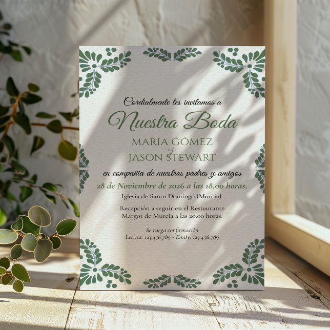 Invitation Talavera Green Floral Minimalist Spanish Wedding (Talavera Green Floral Minimalist Spanish Wedding Invitation)