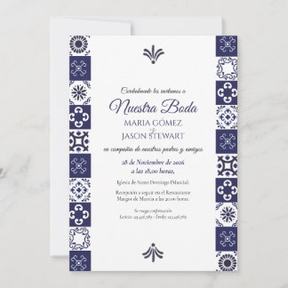 Invitation Talavera Majolica Bleu Nuit Blanc Mariage Espagnol