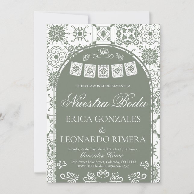 Invitation Talavera Sage Vert Papel Picado Mariage Espagnol (Devant)