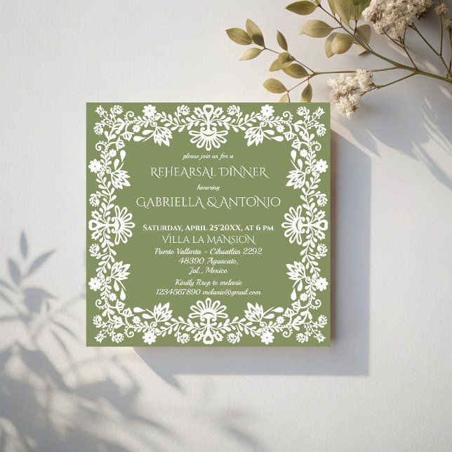 Invitation Talavera sage vert repas de répétition de mariage  (Talavera sage green folk art Mexican wedding rehearsal dinner Invitation cards template)