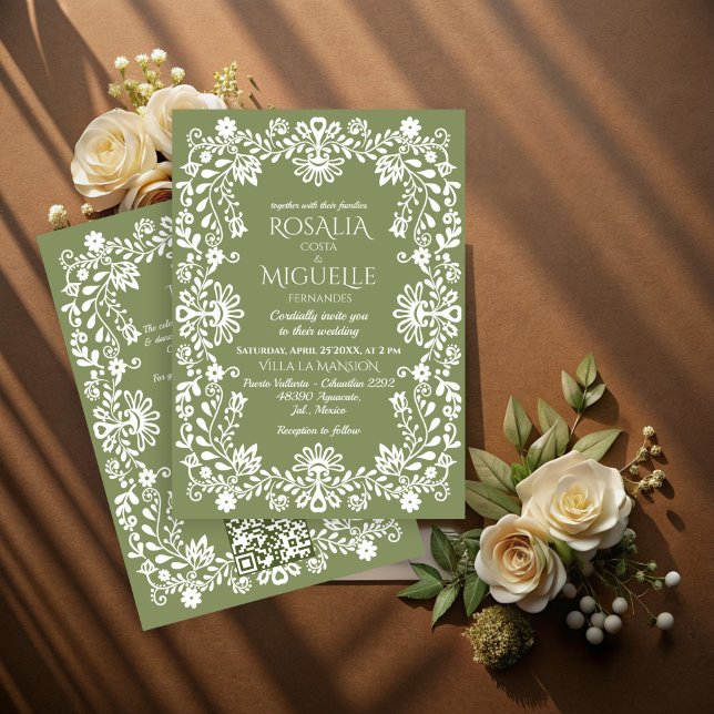 Invitation Talavera sauge vert mariage mexicain (Talavera folk art sage green vintage Mexican wedding Invitation cards with RSVP template)