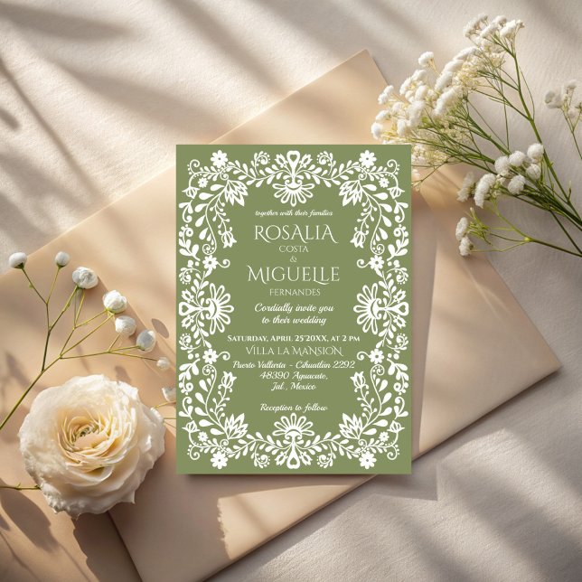 Invitation Talavera vert sauge mariage mexicain (Talavera sage green Mexican wedding Invitation cards template folk art border wedding cards)