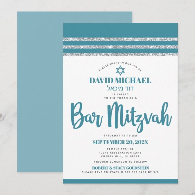Invitation Tallt Teal Argent Bar Mitzvah Gras Simple Moderne (Devant / Derrière)