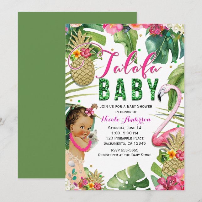 Invitation Talofa Fleurs Tropicales Bébé Fille Vintage Douche (Devant / Derrière)