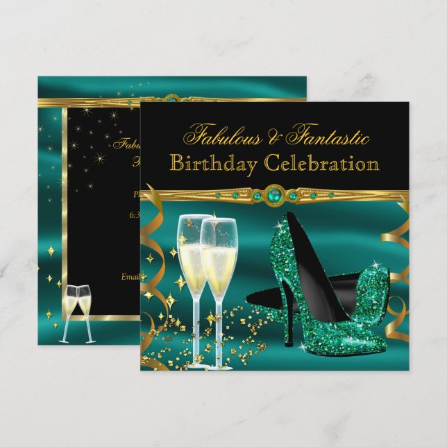 Invitation Talons Champagne Vert Émeraude Fête d'Anniversaire (Devant / Derrière)