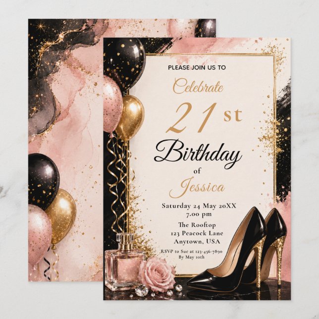 Invitation Talons de fête d'anniversaire 21 ans Black Gold Bl (Devant / Derrière)