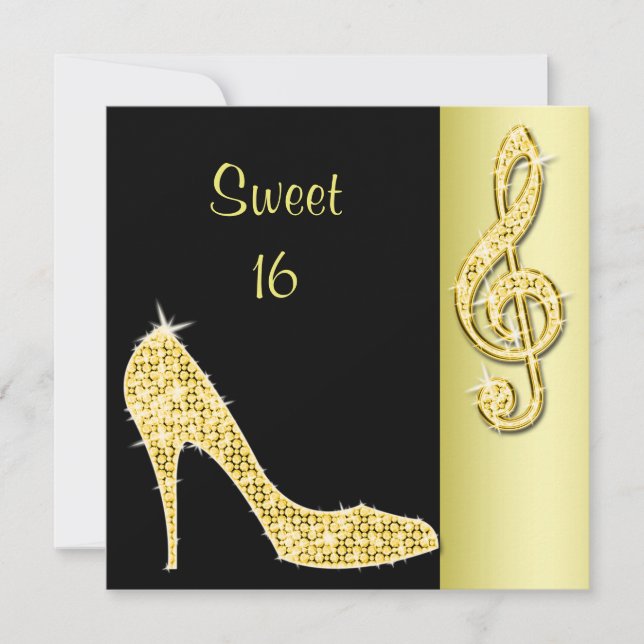 Invitation Talons dorés & Clé de sol Sweet 16 Anniversaire (Devant)