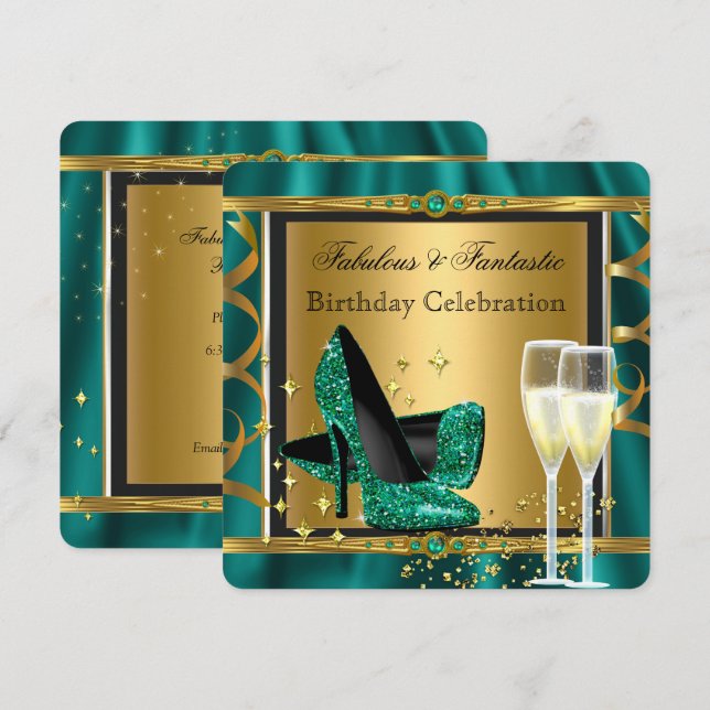 Invitation Talons dorés fabuleux vert émeraude Fête d'anniver (Devant / Derrière)