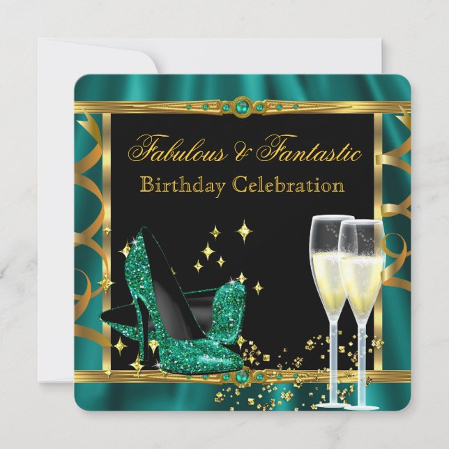 Invitation Talons Fabuleux Or Vert Emeraude Fête d'anniversai (Devant)