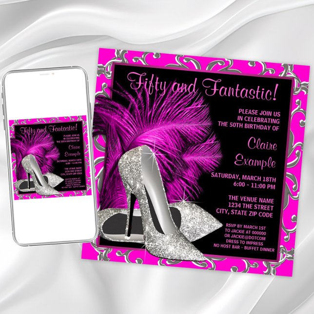 Invitation Talons hauts à paillettes rose chaud 50e anniversa (Pretty silver high heel shoes and feathers and silver swirls. Simple change text for your event.)