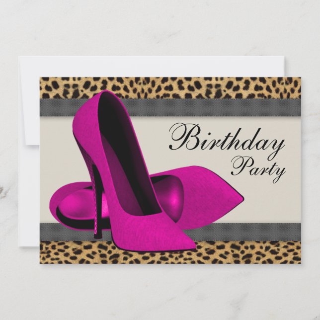 Invitation Talons Hauts Anniversaire Rose Fuschia Léopard (Devant)