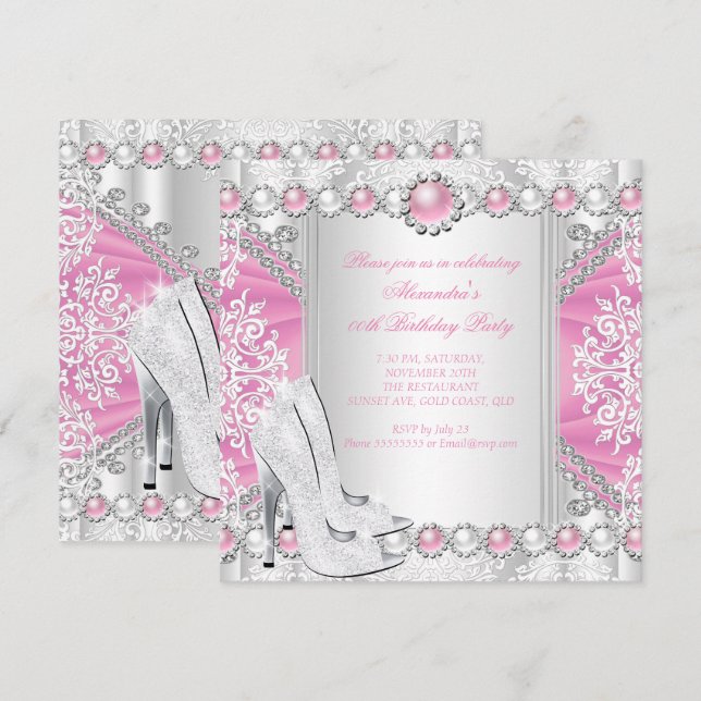 Invitation Talons hauts argentés roses Anniversaire perle bla (Devant / Derrière)