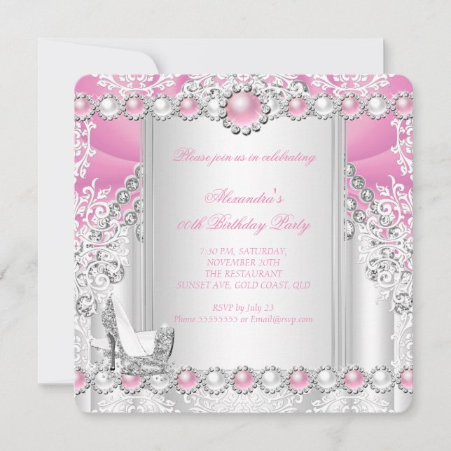 Invitation Talons hauts argentés roses Perle Fête d'anniversa (Devant)