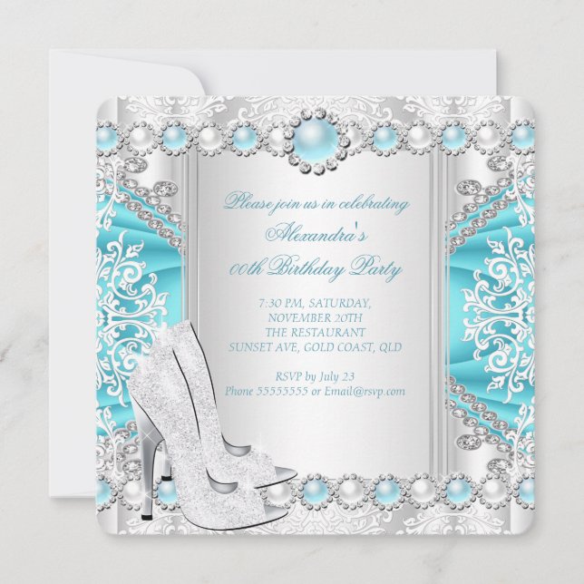 Invitation Talons hauts argentés sarcelle Anniversaire perle  (Devant)