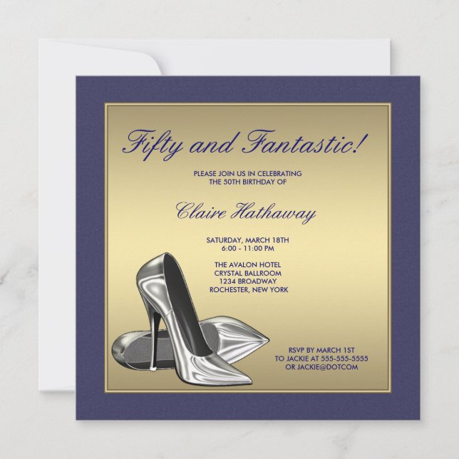 Invitation Talons Hauts Bleu Or Femme 50e Anniversaire (Devant)