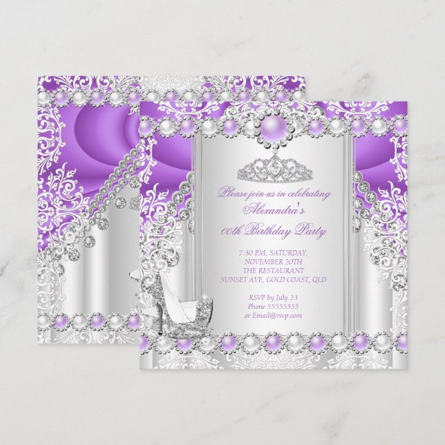 Invitation Talons Hauts Couronne Argent Violet Perle Annivers (Devant / Derrière)