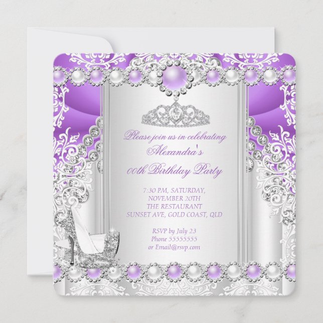 Invitation Talons Hauts Couronne Argent Violet Perle Annivers (Devant)