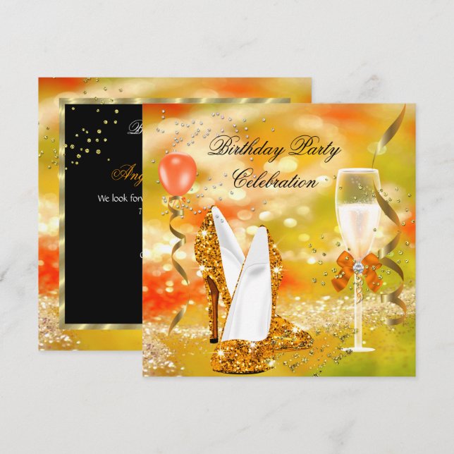 Invitation Talons Hauts Dorés Paillettes Orange Anniversaire  (Devant / Derrière)