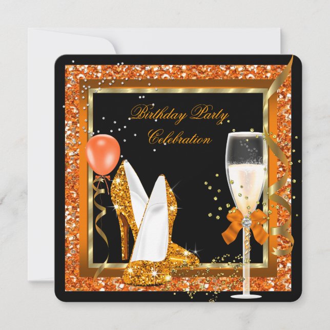 Invitation Talons Hauts Dorés Paillettes Orange Anniversaire  (Devant)