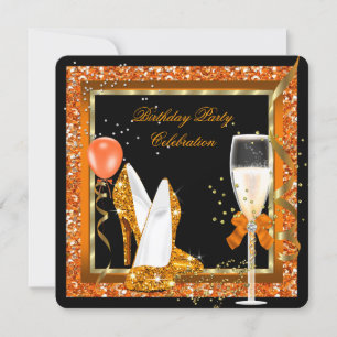 Invitation Talons Hauts Dorés Paillettes Orange Anniversaire 