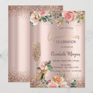 Invitation Talons hauts en verre scintillant, Roses Quinceañe