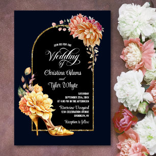Invitation Talons Hauts Fleuris Or Bleu Marine Mariage Arche