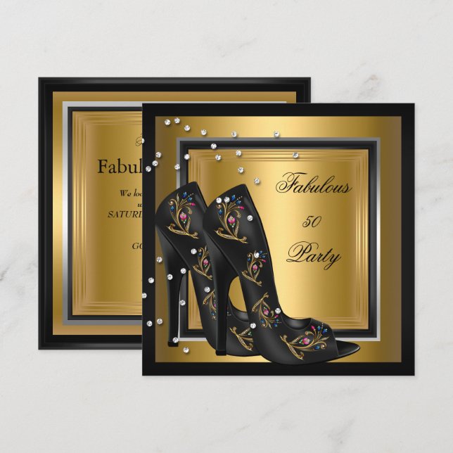 Invitation Talons Hauts Fleuris Or Noir pour la Fête d'Annive (Devant / Derrière)