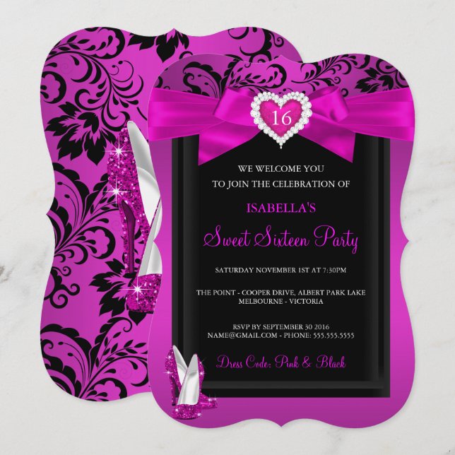 Invitation Talons hauts fuchsia pour fête d'anniversaire Swee (Devant / Derrière)