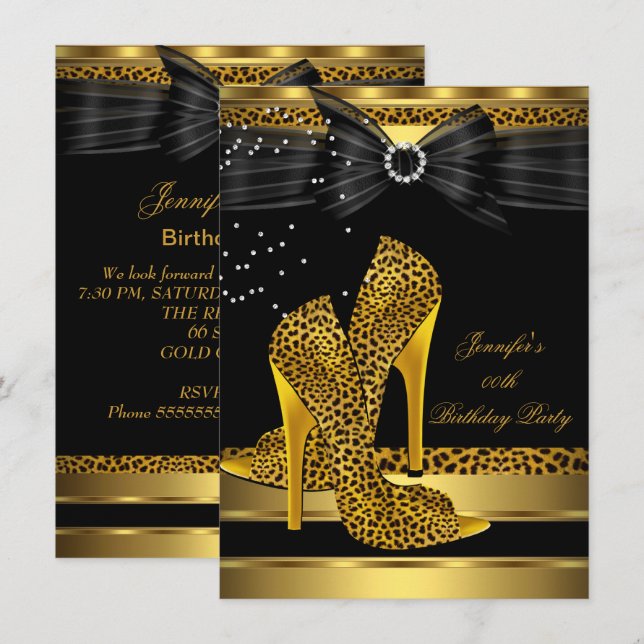 Invitation Talons Hauts Léopard Doré Nœud Noir Fête d'anniver (Devant / Derrière)
