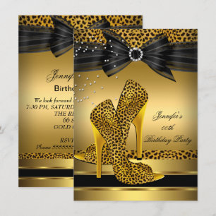 Invitation Talons Hauts Léopard Doré Nœud Noir Fête d'Anniver