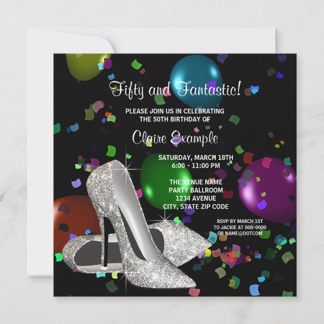 Invitation Talons hauts noirs Confetti Fête d'anniversaire fe (Devant)