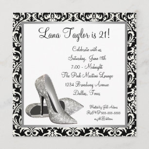 Invitation Talons hauts pailletés noir damas fête d'anniversa